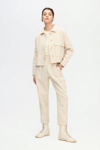 Herringbone Short Jacket Cotton Beige Cream Soft
