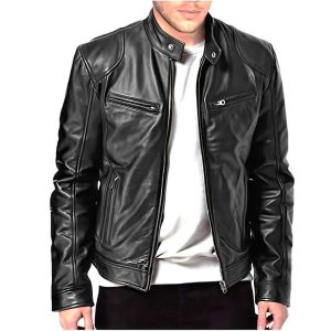 Cafe Racer Leather Jacket: Genuine Sheepskin Black Metal