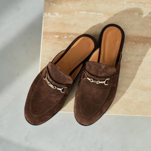 Women's Brown Suede Mules With Chain Detail Backless